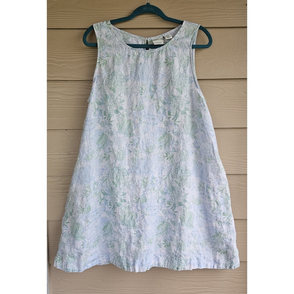 100% Linen Rachel Zoe White Green Blue Floral Mini Shift Dress Side Pockets XL